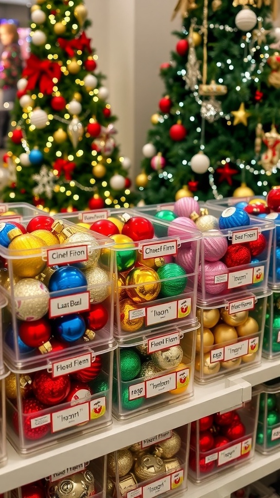 Organized Christmas ornaments in clear bins on a shelf with twinkling lights and a Christmas tree in the background.